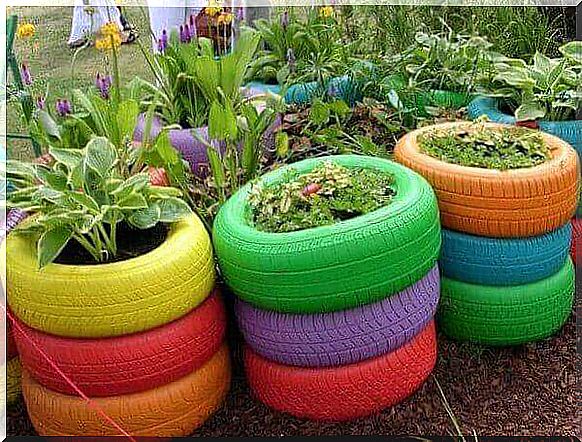 Re-use car tires as flower pots